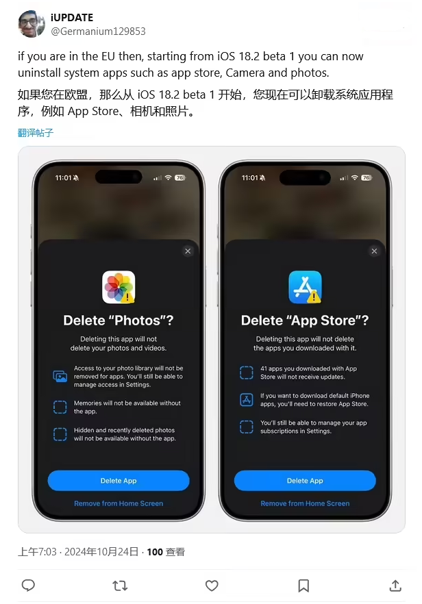 佛罗镇苹果手机维修分享iOS 18.2 支持删除 App Store 应用商店 