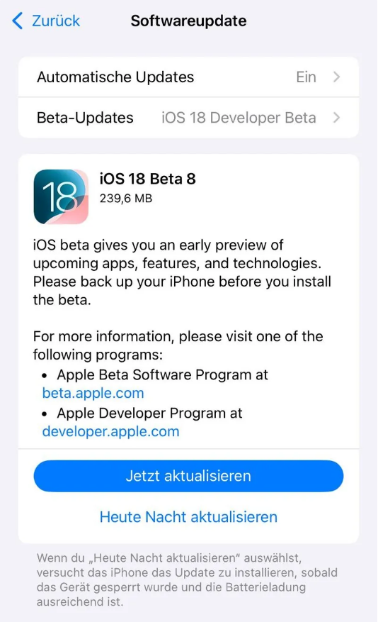 佛罗镇苹果手机维修分享苹果 iOS / iPadOS 18 开发者预览版 Beta 8 发布 